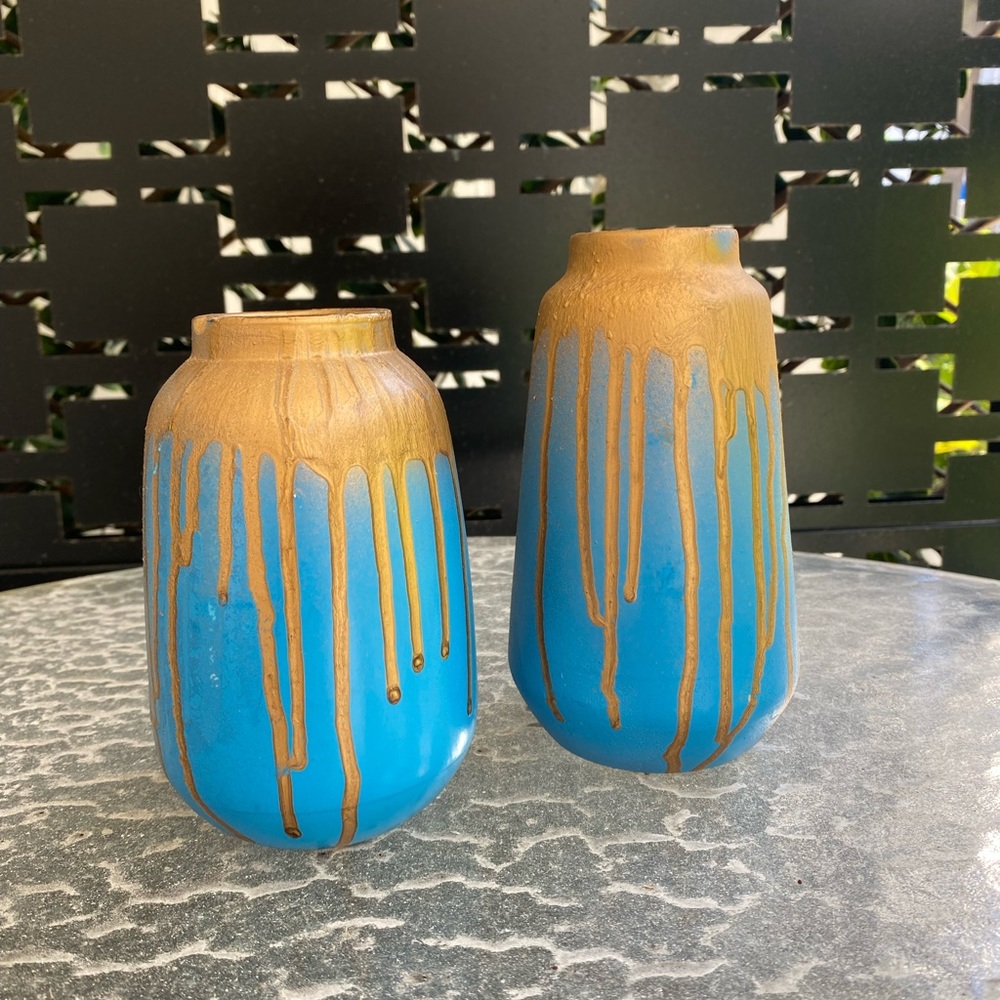 Set of two teal and gold hand painted ceramic vases or pen/pencil holders